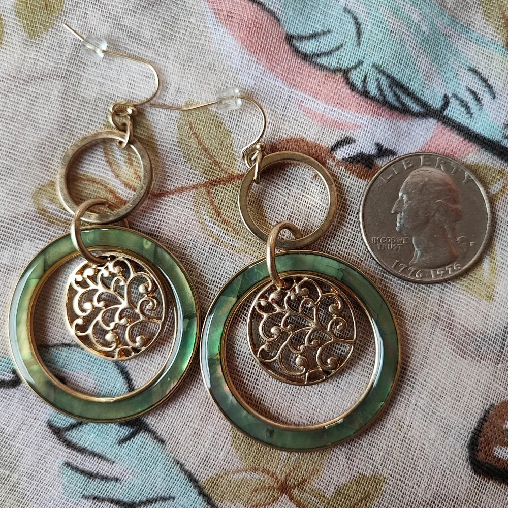 Lia Sophia Green Faux Abalone Brass Tone Pierced Earrings NOC LS Tree of Life